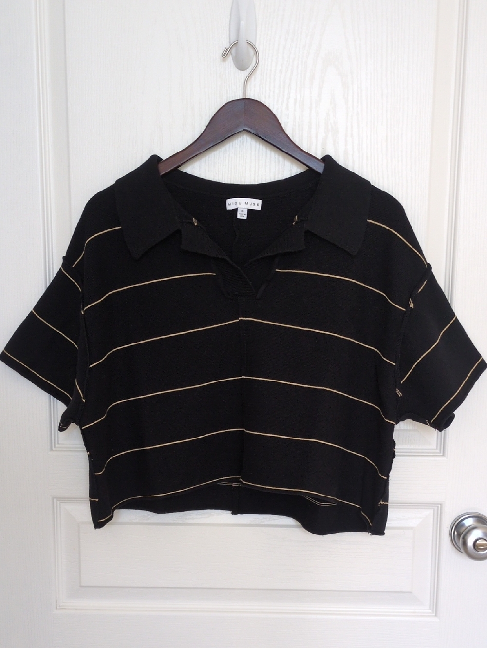 MIOU Muse Black  Relaxed Fit Polo Top with Gold Stripes